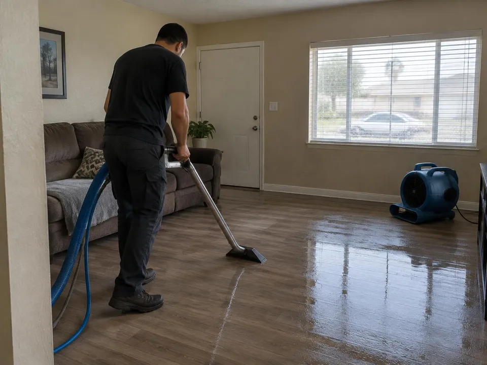 Generated illustration of a technician extracting water from a wet laminate floor in a single-story home